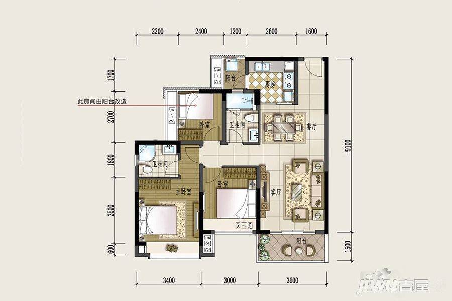 方直东岸3室2厅2卫95.2㎡户型图