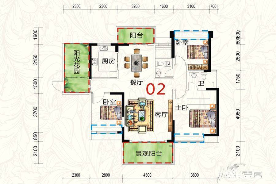 惠东国际新城3室2厅2卫124㎡户型图