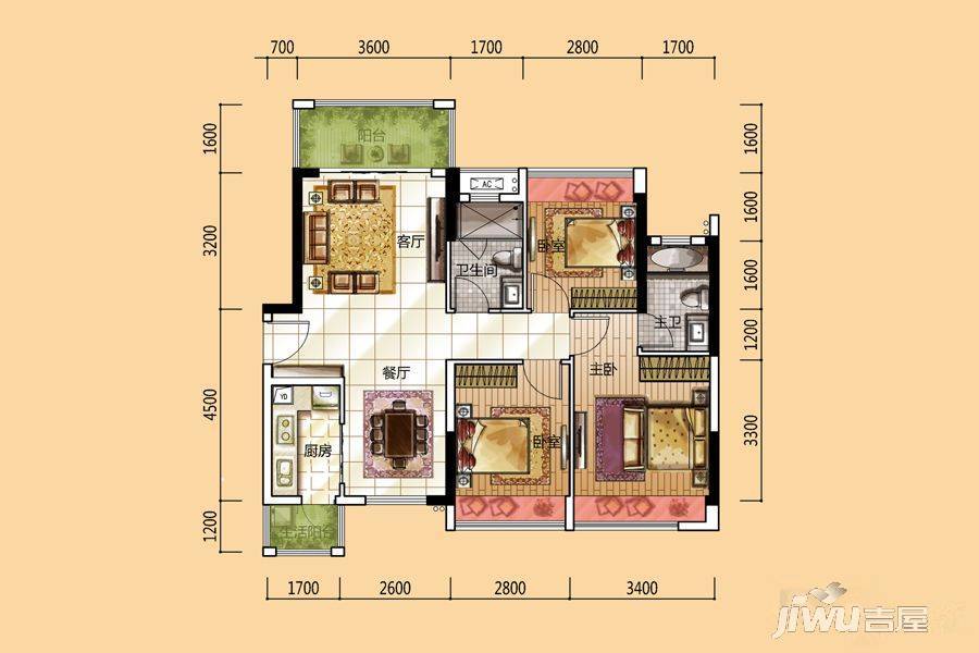 龙光城3室2厅2卫96㎡户型图