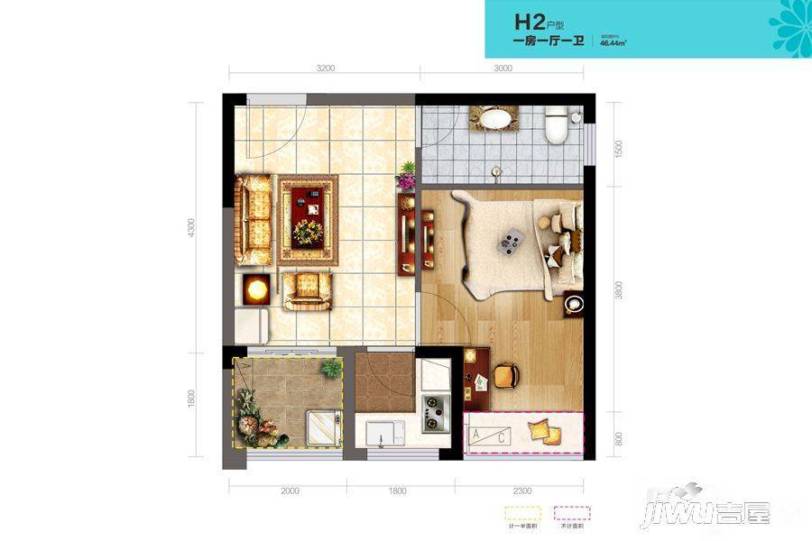金洋花海1室1厅1卫46.4㎡户型图
