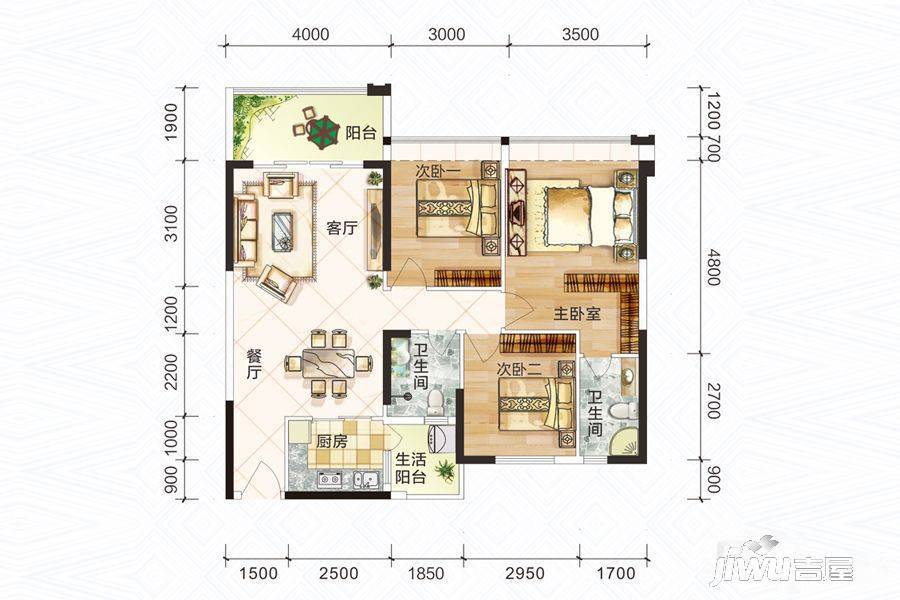 铂金广场3室2厅2卫102㎡户型图