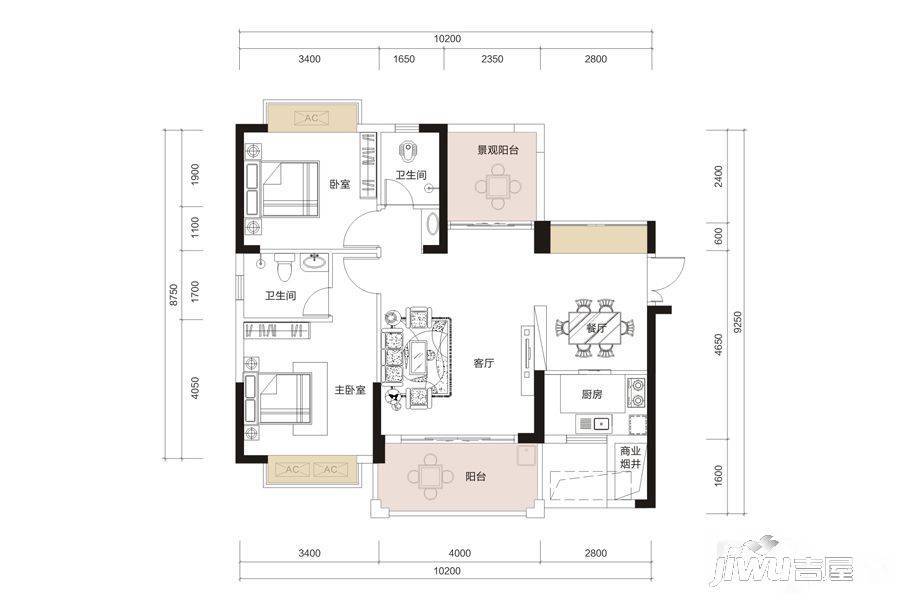 佳磊鹏程阁2室2厅2卫95㎡户型图