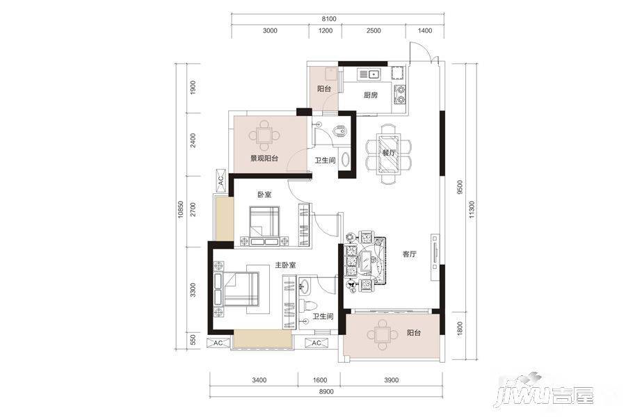 佳磊鹏程阁2室2厅2卫98㎡户型图