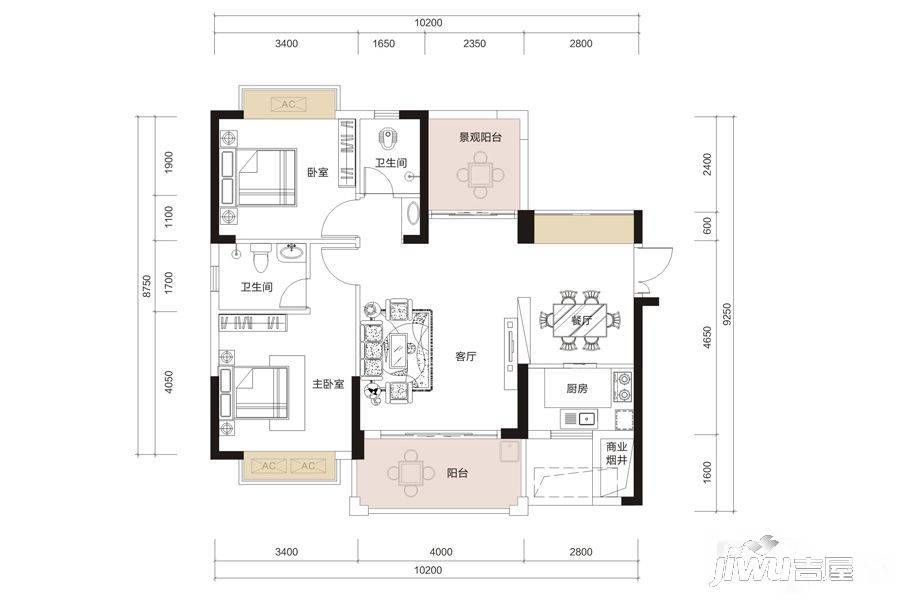 佳磊鹏程阁2室2厅2卫95㎡户型图