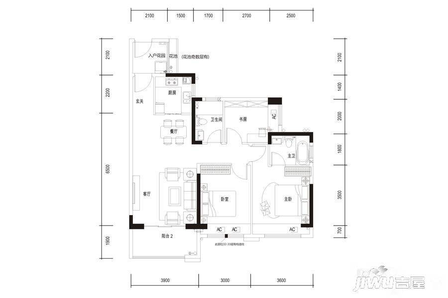 深业喜悦城3室2厅2卫100.4㎡户型图