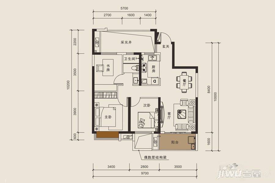 新力帝泊湾3室2厅1卫92㎡户型图