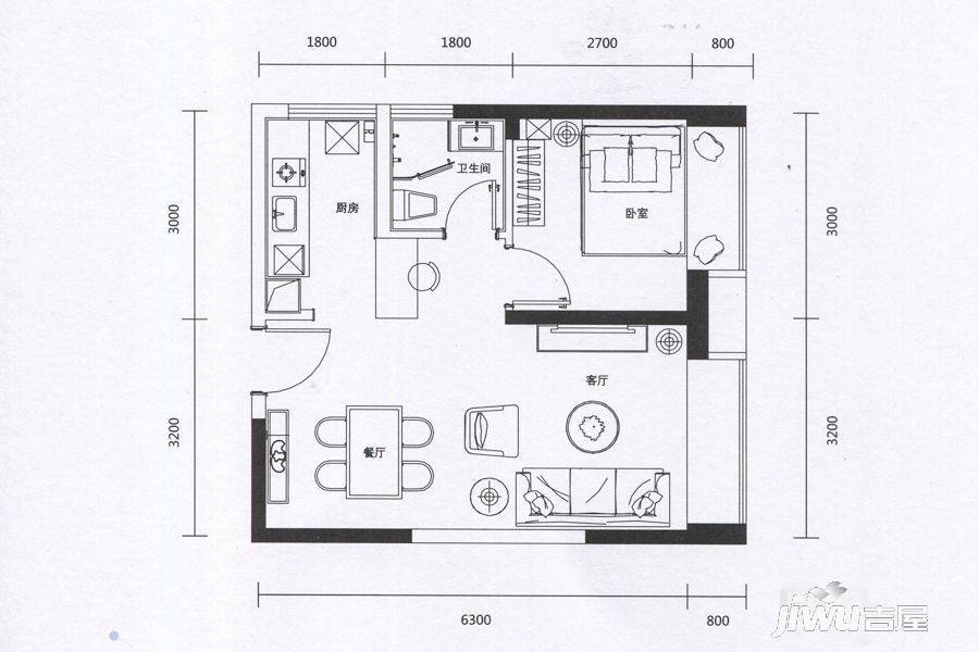 当代MOMA上品湾1室2厅1卫49㎡户型图