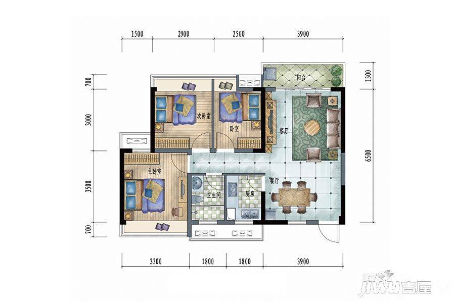 保利香槟颂3室2厅1卫90㎡户型图