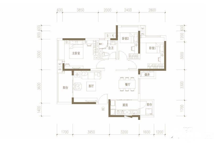 海伦堡爱Me城市3室2厅1卫88㎡户型图