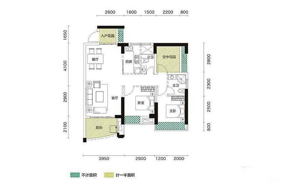 凯悦春天2室2厅2卫91㎡户型图