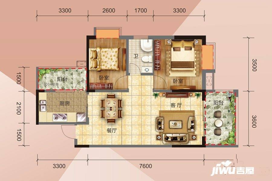 金阳华府2室2厅1卫86㎡户型图