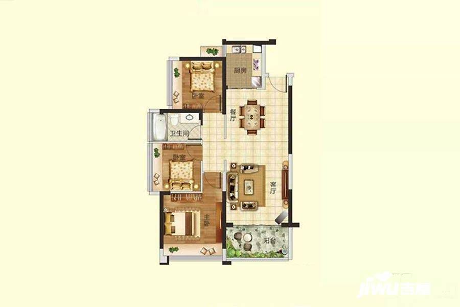 十月花花园3室2厅1卫91.9㎡户型图