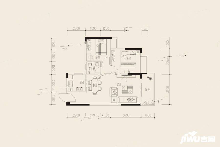 隆生花边岭东2室2厅1卫87㎡户型图