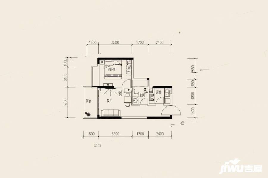 隆生花边岭东1室1厅1卫55㎡户型图