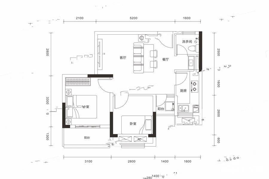 万林湖9期2室2厅1卫57.9㎡户型图