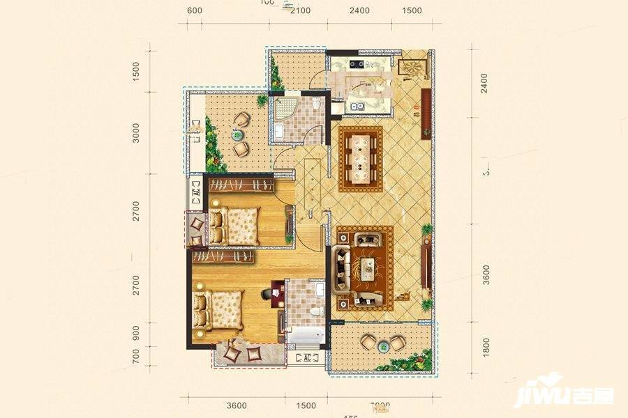 国兆嘉泓公馆2室2厅2卫105㎡户型图