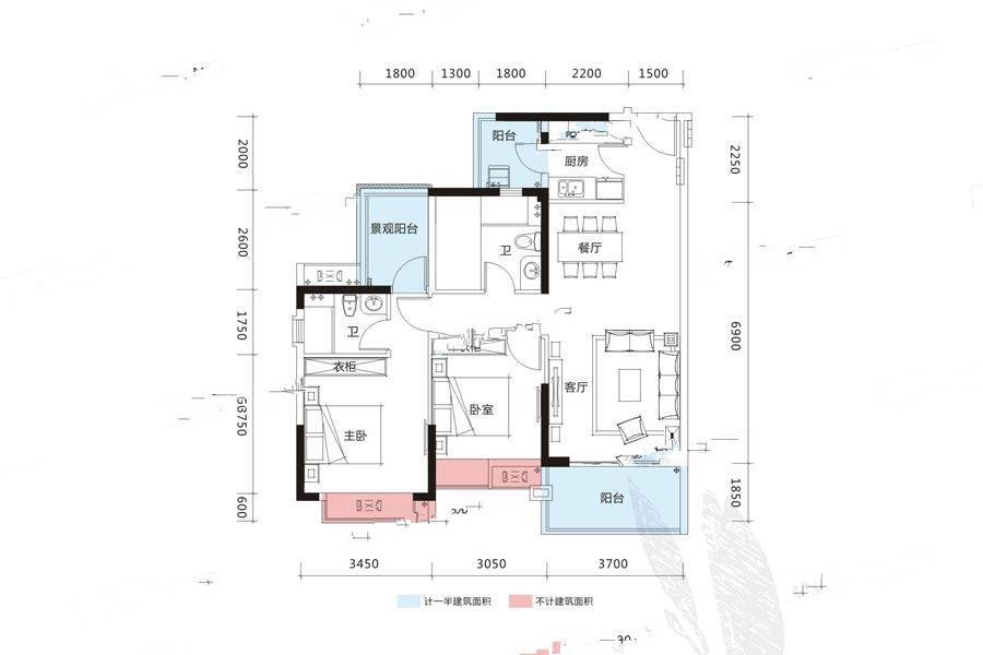 方直东岸2室2厅2卫101.6㎡户型图