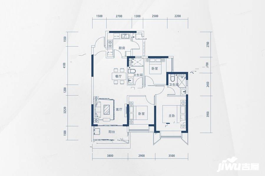 恒大雅苑3室2厅2卫95㎡户型图