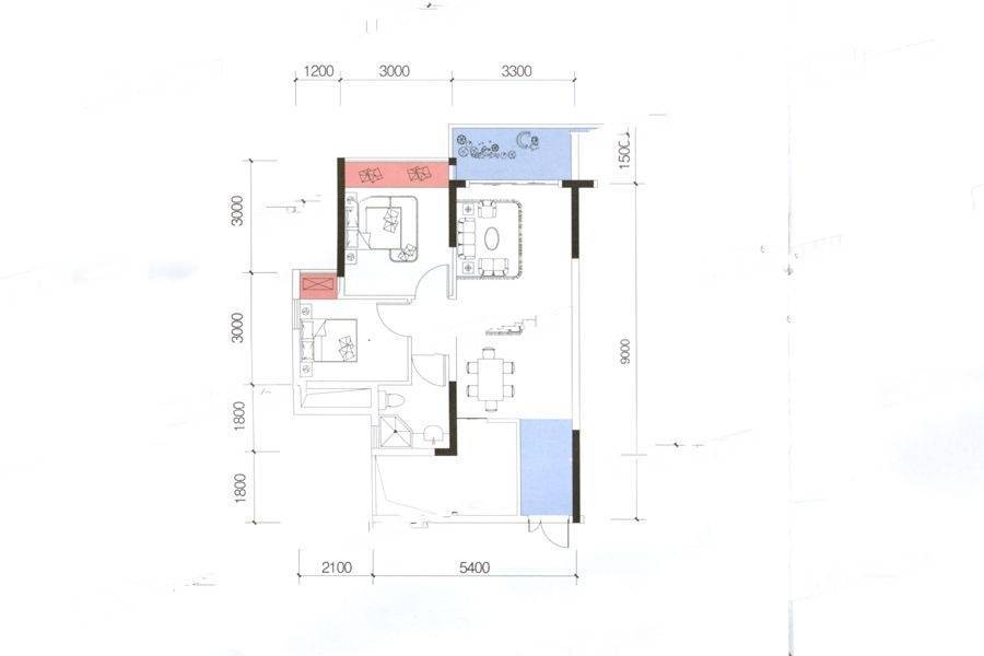 米可社区2室2厅1卫62㎡户型图