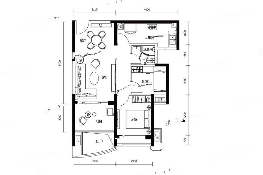 当代MOMA上品湾2室2厅1卫74㎡户型图