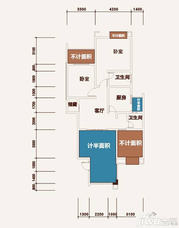 西湖龙庭2室1厅2卫101.1㎡户型图