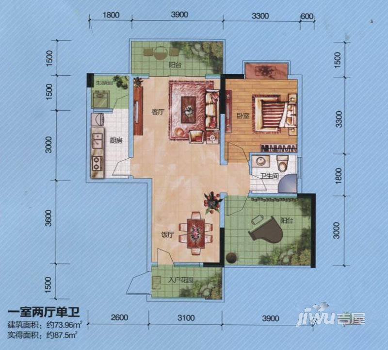 海棠香阁1室2厅1卫74㎡户型图