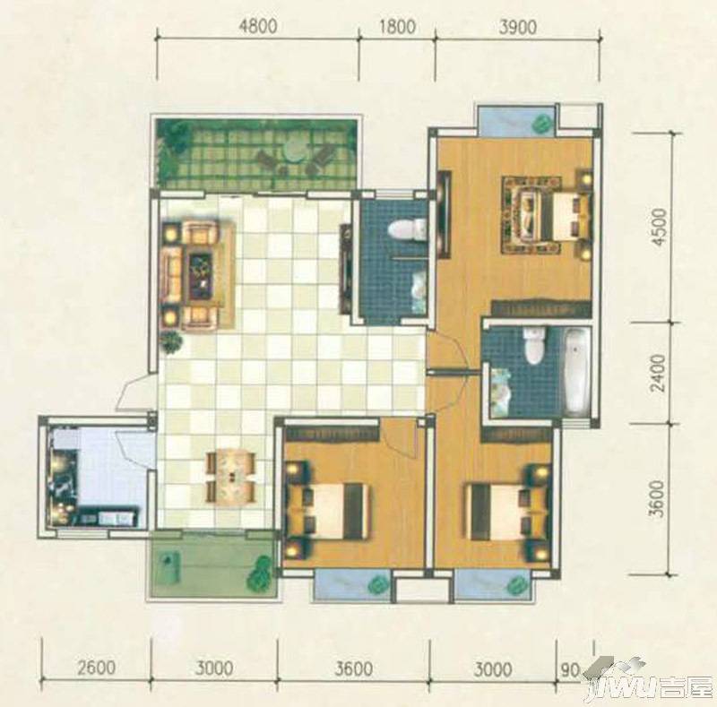 香城名都3室2厅2卫121.1㎡户型图