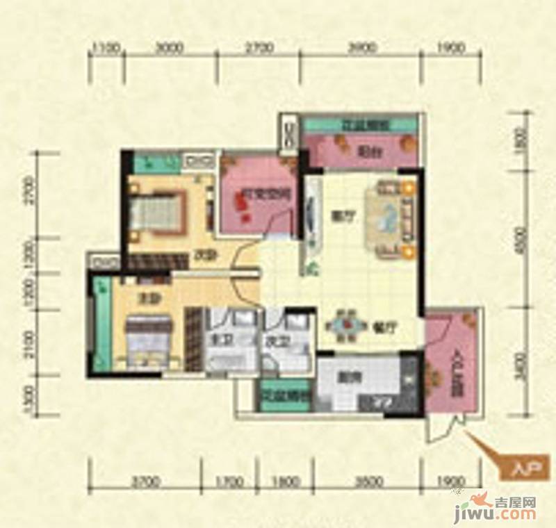 滨江壹号2室2厅2卫89.6㎡户型图