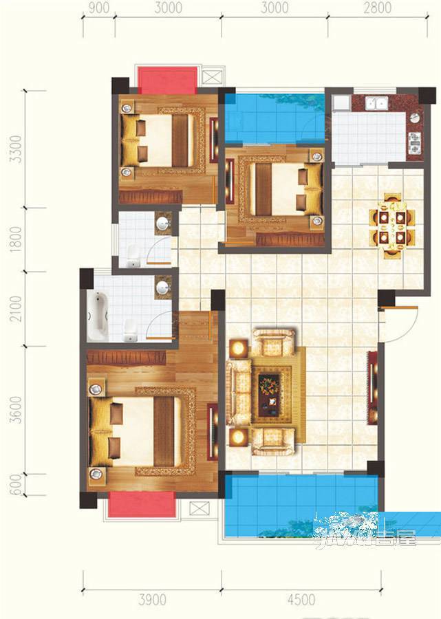 瑞地楠郡3室2厅2卫108.3㎡户型图