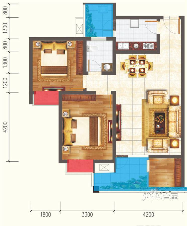 瑞地楠郡2室2厅2卫88.8㎡户型图