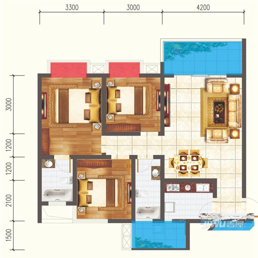 瑞地楠郡3室2厅2卫97.4㎡户型图