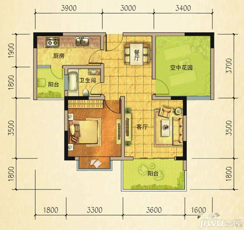 万基蓝域1室2厅1卫69.6㎡户型图