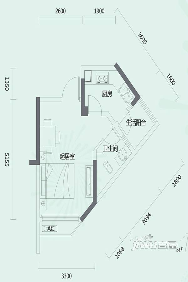 悦中心1室0厅1卫35.6㎡户型图