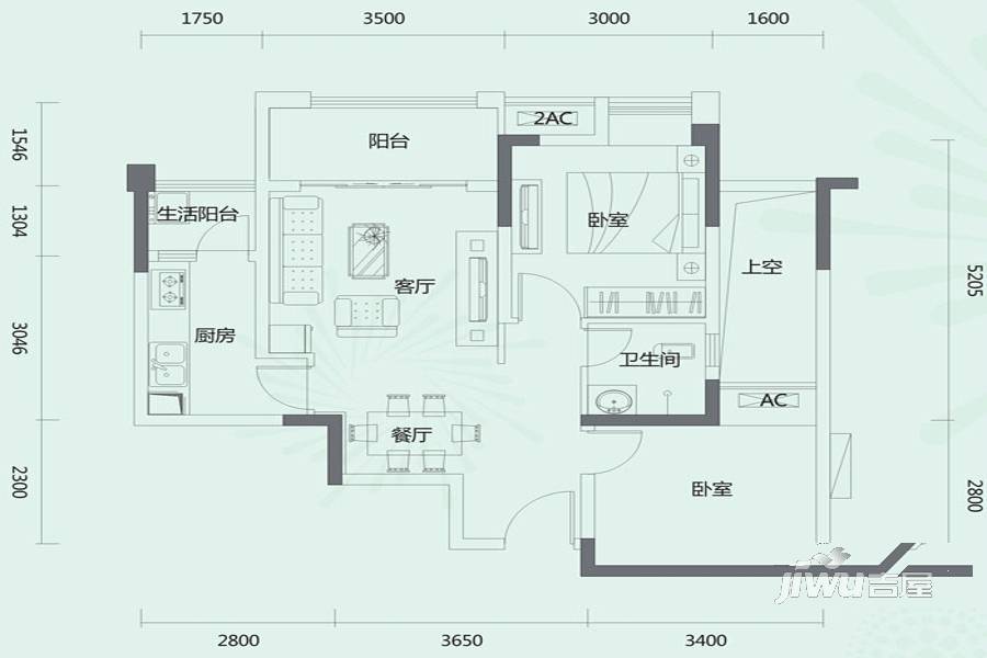 悦中心2室2厅1卫70.6㎡户型图