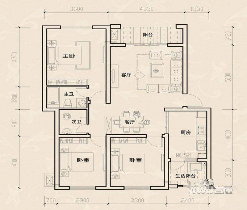 香滨国际3室2厅2卫112㎡户型图