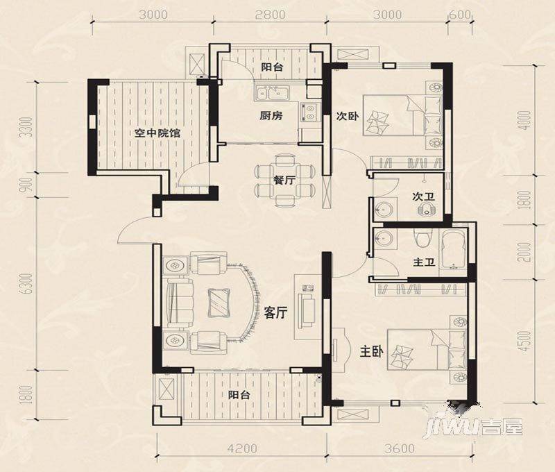 香滨国际2室2厅2卫107.3㎡户型图