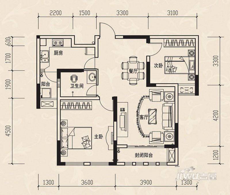 香滨国际2室2厅1卫87.4㎡户型图