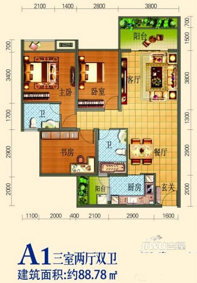 滨河壹号3室2厅2卫88.8㎡户型图