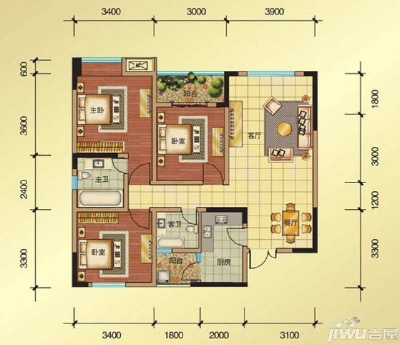 金色维也纳3室2厅2卫102.2㎡户型图