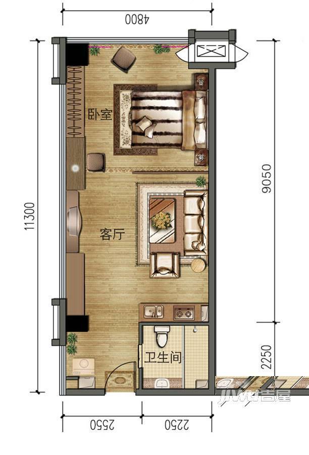 绿地城1室1厅1卫68.8㎡户型图