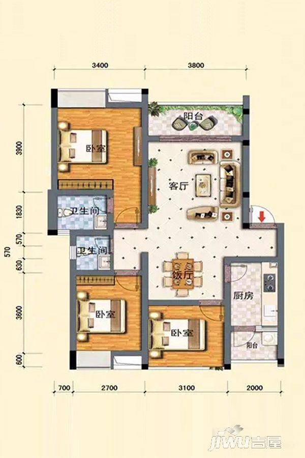 紫御嘉园3室2厅2卫90.5㎡户型图