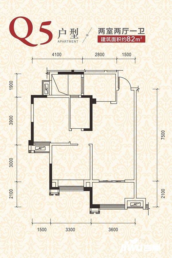 交投置地上河湾2室2厅1卫82㎡户型图