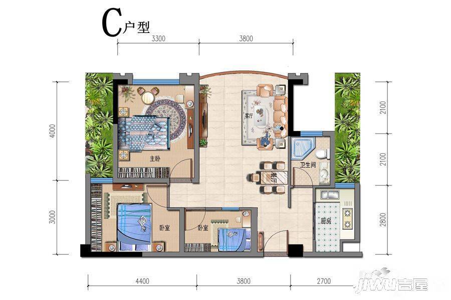 望族18813室2厅1卫66.9㎡户型图