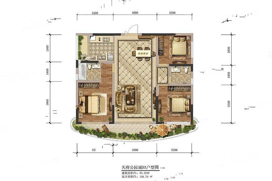 天府公园城3室2厅2卫85.5㎡户型图