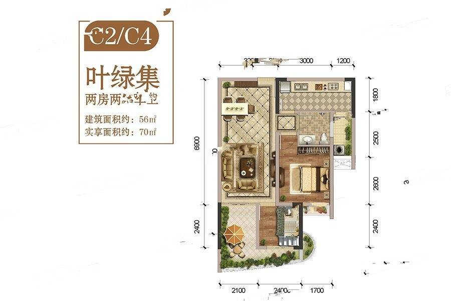 天府公园城2室2厅1卫56㎡户型图