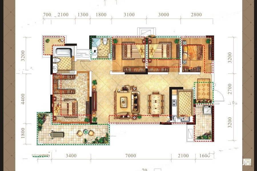 美家好花园城4室2厅2卫107.7㎡户型图