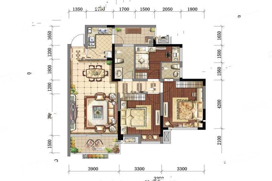 凯丽新城二期3室2厅2卫90㎡户型图