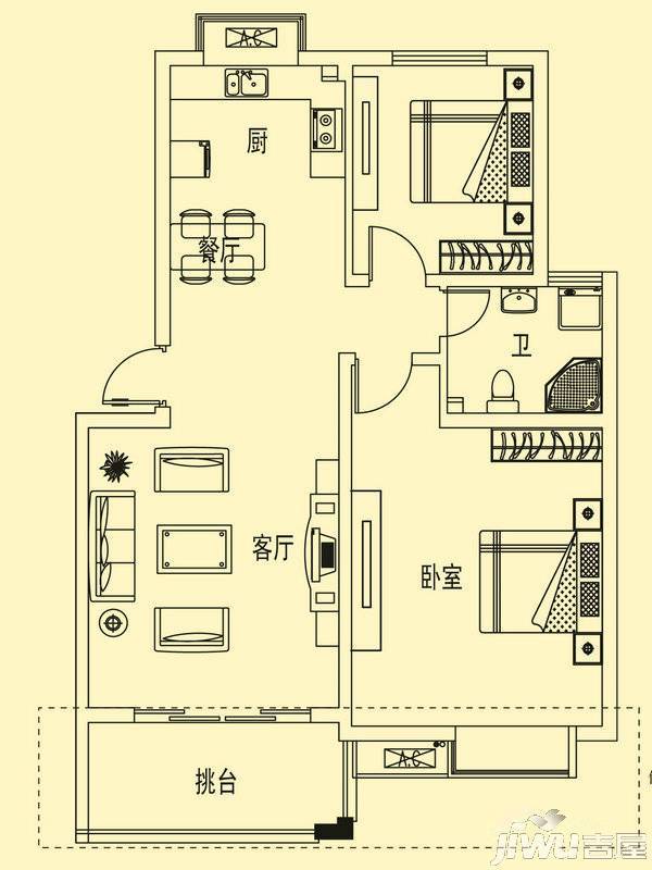 舜江碧水豪园2室2厅1卫86.8㎡户型图