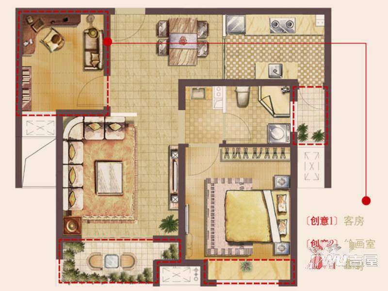 国基城邦逸墅2室2厅1卫68.3㎡户型图