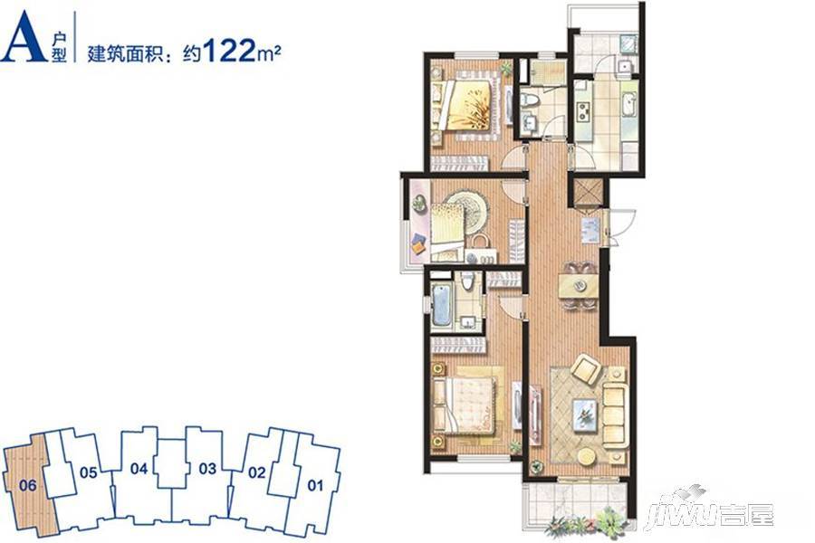 凯德都会晶彩3室2厅2卫122㎡户型图